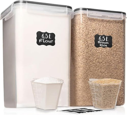 WHITE FEATHER SUPPLIES 2 PC [7 Qt / 6.5L / 220 Oz] Large Food Storage Containers with Lids Airtight - BPA Free Clear Plastic Kitchen and Pantry Storage Containers for Cereal, Flour, Sugar, Rice - color: Black - 2 Pack