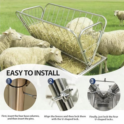 Commercial-Grade Hay Feeder, 2-in-1 Goat Hay Feeder with Deep Feed Pan, Heavy-Duty Galvanized Steel Hay Rack, Weather-Resistant & Scratch-Resistant Horse Hay Feeder for Large Livestock Herds