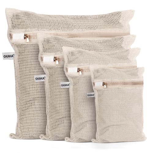100% Cotton Mesh Laundry Bags, Premium Soft, No Dye, Set of 4, Natural - size: XXL+XL+L+M