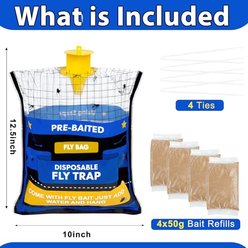 Large 4 Pack Pre-Baited Fly Traps Outdoor Fly Trap for Patio Farm Ranch | 50g Dissolvable Bait Fly Hunter for Flying Insects, Weatherproof Outdoor Fly Bags, Fly Catcher for Chicken Coop Barn
