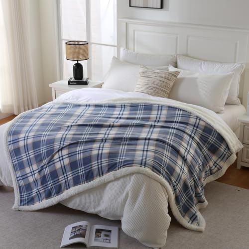 PU MEI Sherpa Blanket Twin Plaid Thick Bed Blanket, 60”*80” Super Soft Flannel Fuzzy Fleece Reversible Velvet Plush Warm Blanket for Couch (Blue White Check) - color: Blue White Check, size: 60"*80"