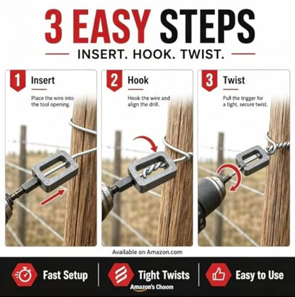 Wire Twister for Drill - 2Pcs Heavy Duty Fence Wire Twisting Tool Fits 9 & 11 Gauge Wire, 1/4" Hex Shank Drill Attachments, T-Post Clip Twister and Rebar Tie Wire Twisting Spinner for Farm & Garden