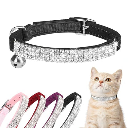 BINGPET Diamond Cat Collar with Bell,Adjustable Kitten Collar, Black - color: Black(Rhinestones), size: Neck Girth 8"-10"