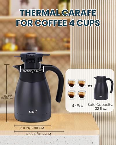 GiNT 1L / 34Oz Thermal Coffee Carafe, Insulated Stainless Steel Coffee Carafes for Keeping Hot/Double Walled Vacuum Thermal Carafe (Black) - color: Black, size: 34 Ounces