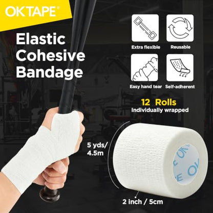 OK TAPE 12 Rolls Self Adhesive Bandage Wrap, Cohesive Elastic Athletic Tape - color: White, size: 2 Inch