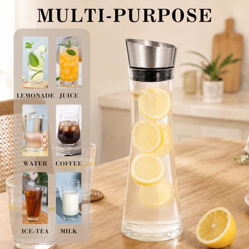 GLASKEY Glass Water Carafe with Lid, 33 oz Glass Water Jug, Dishwasher Safe, Borosilicate Glass Pitcher for Hot and Cold Water, Milk, Coffee and Homemade Drinks - size: 33.8 Ounces