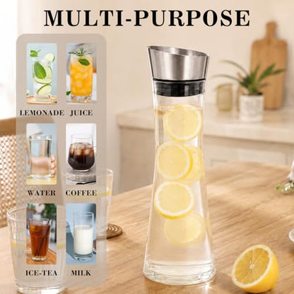 GLASKEY Glass Water Carafe with Lid, 33 oz Glass Water Jug, Dishwasher Safe, Borosilicate Glass Pitcher for Hot and Cold Water, Milk, Coffee and Homemade Drinks - size: 33.8 Ounces