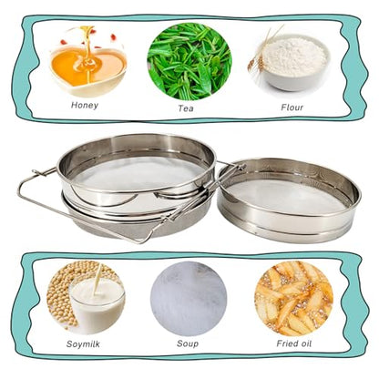 Honey Strainer,Double Sieve 304 Stainless Steel,for 5 Gallon Bucket | Double-sieve stainless steel strainer with adjustable arms, designed for filtering honey into buckets, pails, and honey tanks