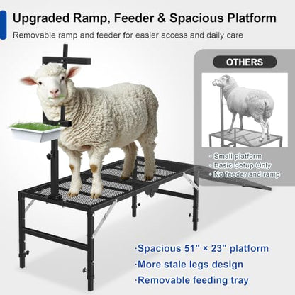 Foldable Goat Stand with Removable Ramp, 51x23" Livestock Trimming Stand with Feed Tray, Metal Goat Sheep Stand 500lbs Capacity for Trimming Shearing Milking Hoof with Adjustable Headpiece & Height