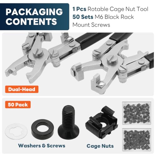 50 Sets M6 Black Rack Cage Nuts with Dual-Head Rotable Cage Nut Tool Kit | Dual-Head Rotatable Tool, Fits M4-M10 Cage Nuts, 50 Sets M6 Black Cage Nuts and Screws - color: 50 Pack Cage Nuts+Black Handle Tool