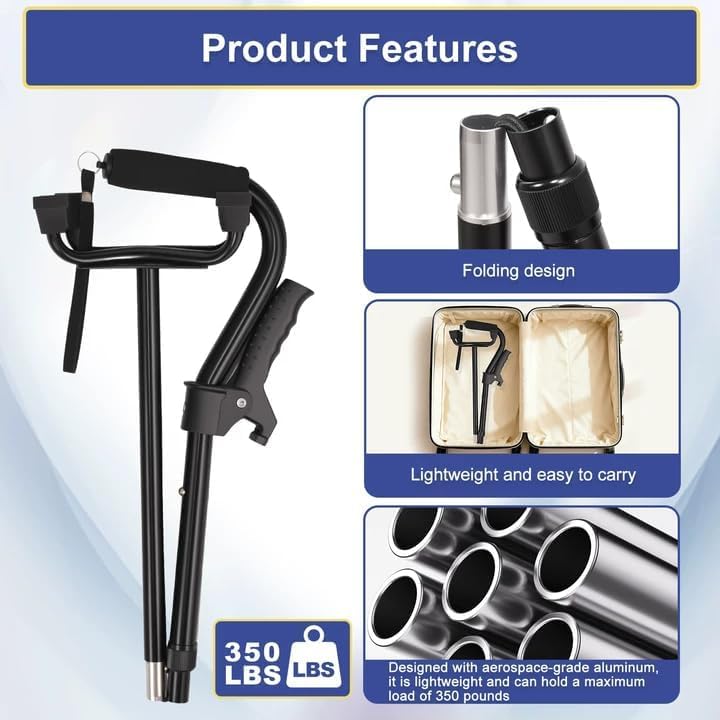 Stand Secure Cane with Stand Up Assist Handle for Elderly, 4 Prong Adjustable Walking Canes for Seniors Women and Men, Non-Slip Wide Base, Aluminum Foldable Stand Cane - color: Black