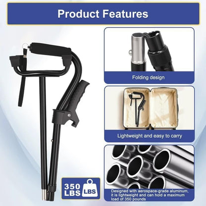 Stand Secure Cane with Stand Up Assist Handle for Elderly, 4 Prong Adjustable Walking Canes for Seniors Women and Men, Non-Slip Wide Base, Aluminum Foldable Stand Cane - color: Black