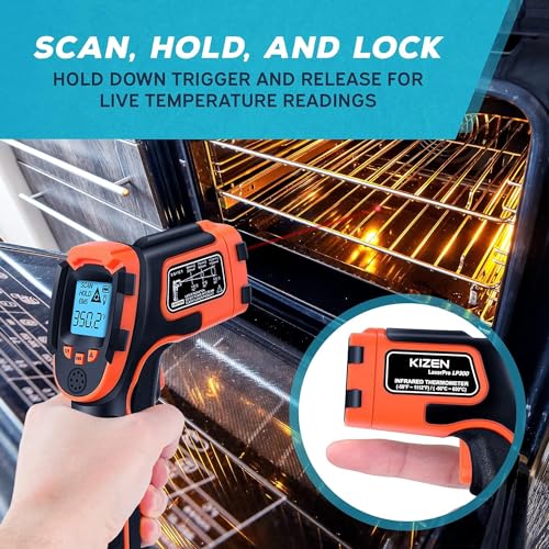 Kizen Infrared Temperature Gun - Handheld Surface Infrared Thermometer for Griddle, Grill, Pizza Oven, Candy, & A/C - Laser Thermometer Gun -58F to 1112F - Surface Temp Gun