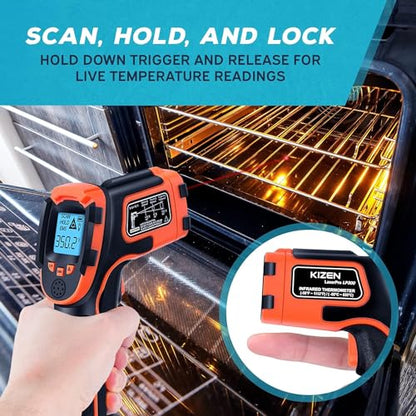 Kizen Infrared Temperature Gun - Handheld Surface Infrared Thermometer for Griddle, Grill, Pizza Oven, Candy, & A/C - Laser Thermometer Gun -58F to 1112F - Surface Temp Gun