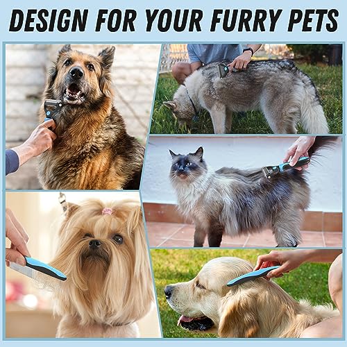 Docrok Pet Grooming Combo - Blue Deshedding Brush with Metal Comb for Detangling and Dematting Long, Matted Fur on Cats and Dogs | Dematting Deshedding Undercoat Rake, Cat Brush Dog Brush Shedding Tool for Long Matted Haired Pets - color: Blue