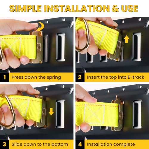 E Track Tie-Down Rail Kit, Trailer Tie Downs, 31 Pcs Set Etrack kit | 4 Rails , 4 Rope Tie Offs, 4 O Ring Anchors, 2 10ft straps, Securing Accessories for Garages, Vans, Trailers, Cargo (Yellow) - color: Yellow