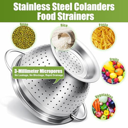 Palksky Stainless Steel Colander Set with Handles & Self-Draining Base, 3 Sizes (7”, 9”, 11”), Heavy Duty Pasta Strainer, Rice & Vegetable Strainer, Countertop Draining System - color: 3 Sizes Colander Set with Handles & Self-Draining Base