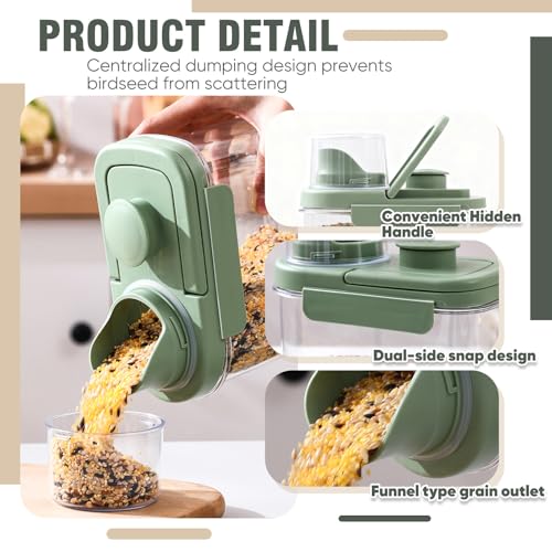 Maxdot 2 Pcs Bird Seed Storage Container 1.7 Qt/1.6 L with Tight Lids Airtight Cup Pet Food Storage Measuring Containers Lids with Pouring Spouts for Macaws African Grey Cockatoos(Green)
