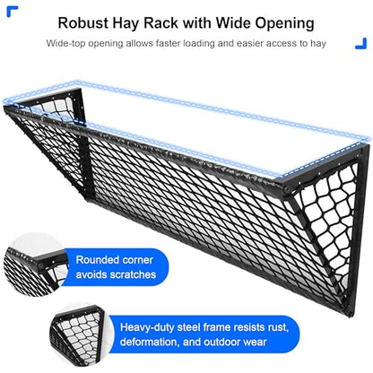 Upgraded Hay Feeder for Goats with Net, 63Inch Long Wall Hay Rack with 50Gallon Large Capacity, Blanket Hay Holder, Heavy Duty Metal Livestock Feeders Frame with Hay Net Side for Horses Farm Sheep