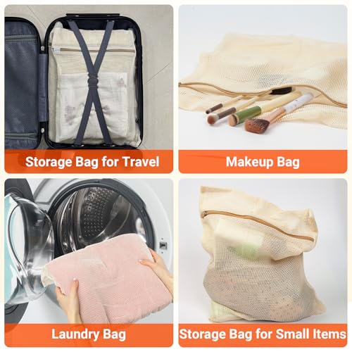 6Pcs Organic Cotton Mesh Laundry Bags for Delicates, Durable Mesh Wash Bags, Sturdy Zipper Laundry Bag for Underwear, Clothes, Shoes, Socks, (3 Large, 3 Medium) - color: 6pcs beige