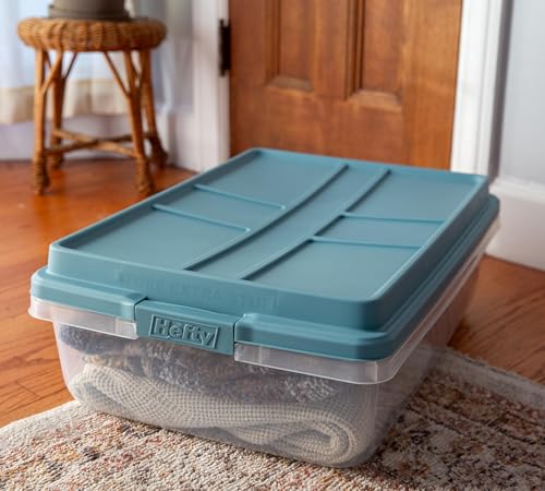 Hefty Hi-Rise Storage Bin with Lid, 40 Quart, Smoke Blue, 6 Pack | Stackable Plastic Container Tote for Home, Office, and Classroom Organization - size: 40 Qt - 6 Pack