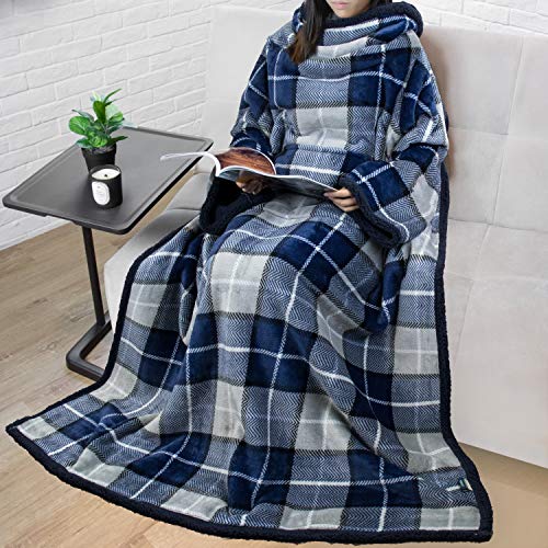 PAVILIA Sherpa Wearable Blanket with Sleeves and Pocket, Plush Thick Cozy Body Blanket Wrap for Adult Women Men, Christmas Gift for Wife Mom, Plaid Navy Blue - color: Plaid Navy
