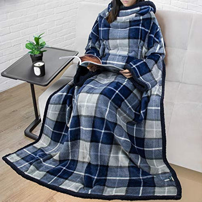 PAVILIA Sherpa Wearable Blanket with Sleeves and Pocket, Plush Thick Cozy Body Blanket Wrap for Adult Women Men, Christmas Gift for Wife Mom, Plaid Navy Blue - color: Plaid Navy