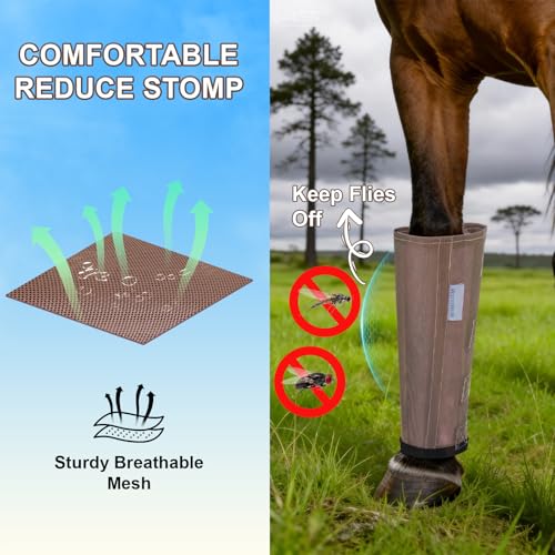 Fly Boots for Horses Set of 4, Loose Fitting Mesh Horse Fly Boots Leggings, Reduce-Stomping Adjustable Equine Leg Wraps & Socks, Stay Up Not Sag, No Rub (Camel) - color: Camel