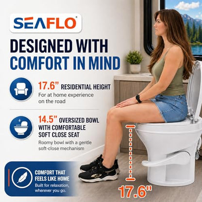 SEAFLO RV Toilet with Sprayer Attachment - White, 18.4” Residential Height, Gravity Flush Foot Pedal Camper Toilet Soft Close Seat Elongated Bowl Motorhome, 4-Year Warranty, SFRTPH-01-02 - color: White-Sprayer