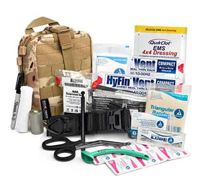 Scherber Premium IFAK Kit Trauma Pack | HSA/FSA Approved | SOF Tourniquet, QuikClot 4x4 HyFin Chest Seal, Israeli Bandage | Fully Stocked MOLLE Pouch for Gunshot, Bleeding, Major Wound Care (Camo) - color: Camouflage