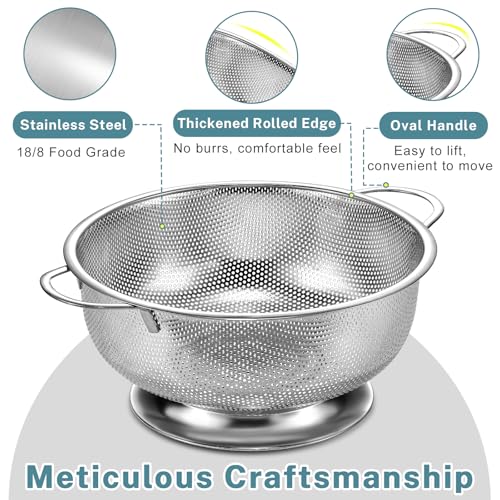 Pleafind 18/8 Stainless Steel Colander for Kitchen - 5 qt and 3 qt, Rapid-Flow Strainers and Colanders with Handle, Pasta Strainer with Sturdy Base for Stable Use, Rust-Resistant & Dishwasher Safe - size: 5Qt & 3Qt