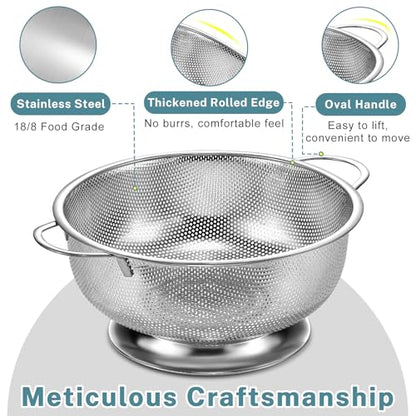 Pleafind 18/8 Stainless Steel Colander for Kitchen - 5 qt and 3 qt, Rapid-Flow Strainers and Colanders with Handle, Pasta Strainer with Sturdy Base for Stable Use, Rust-Resistant & Dishwasher Safe - size: 5Qt & 3Qt