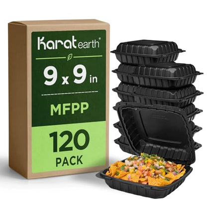 KARAT EARTH Clamshell Take Out Food Containers [9"x9" - 120 ct] To Go Containers | Microwavable, Freezer Safe, Soak-Resistant, Durable, Stackable | Vented for Hot/Cold Foods, Black