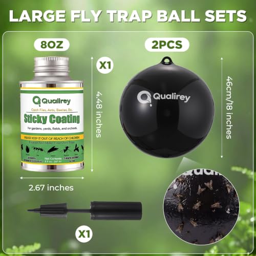 Qualirey 2 Pcs Big Fly Trap Ball 18" Hanging Sticky Insect Ball, Black - color: Black