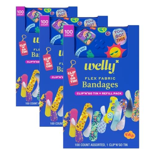 Welly Bandage Clip N' Go Tin & Refill Pack | Adhesive Flexible Fabric Bandages and Tin | Assorted Shapes and Patterns for Minor Cuts, Scrapes, and Wounds - 100 Count (Pack of 3) - size: 100 Count (Pack of 3)