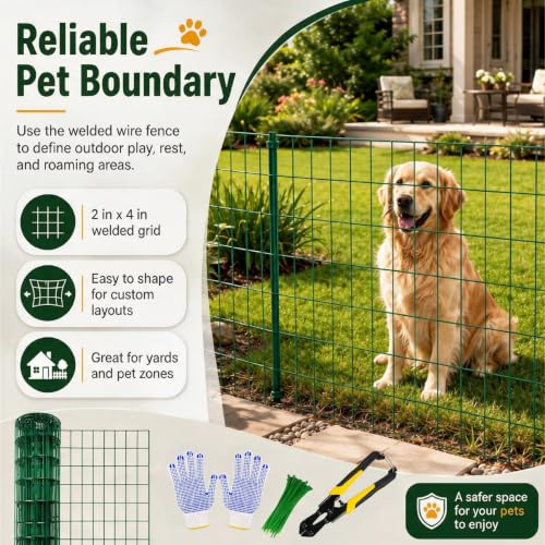 Green PVC Coated Welded Wire Fence 24 in x 100 ft, 16 Gauge 2 x 4 Inch Mesh Roll, Garden Fencing for Chicken Coop, Poultry, Yard, Pet and Plant Protection - size: 2"x4" 16GA 24"x100'-Green