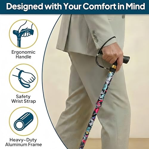 Walking Cane with LED Light, Foldable,Adjustable, Self Standing Walking Canes for Men & Women,Walking Sticks with Quad Base for Seniors & Adults - color: Red flowers