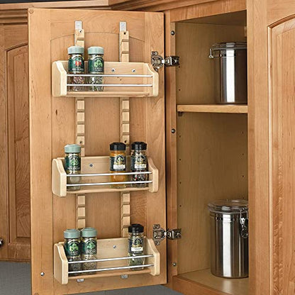 Rev-A-Shelf Pullout Wall Storage Organizer for Kitchen Cabinets, Sliding Door Mounted Spice Rack with 3 Adjustable Shelves, Maple Wood, 4ASR-15 - size: 10.13" W