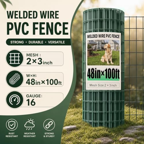 PVC Coated Welded Wire Fence 48 Inch x 100 Foot, 2 Inch x 3 Inch 16GA Green - color: Green, size: 48"×100'