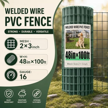 PVC Coated Welded Wire Fence 48 Inch x 100 Foot, 2 Inch x 3 Inch 16GA Green - color: Green, size: 48"×100'