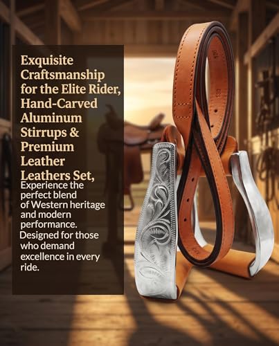 5" Western Horse Riding Stirrups Hand Carved Lightweight Aluminum Stirrups with Saddle Belt,Genuine Leather wrapping-MP1134