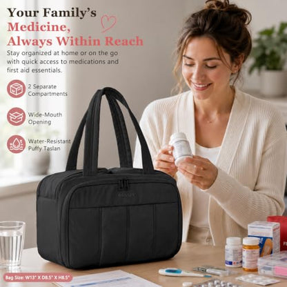 Travel Medicine Storage Bag with 2 Compartments, Wide-Mouth Medical Organizer, Puffy Lightweight First Aid Bag for Prescription Bottles, Pill Cases, Medical Supplies & Family Emergency Essentials - color: Black