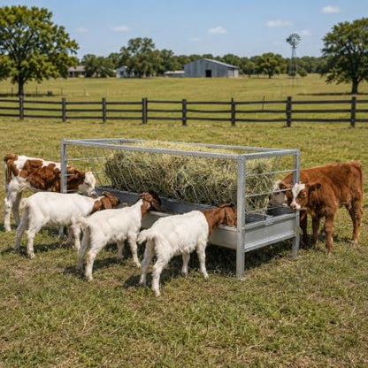 98 Gallon Goat Feeder, 2-in-1 Hay and Grain Livestock Feeder for Pasture