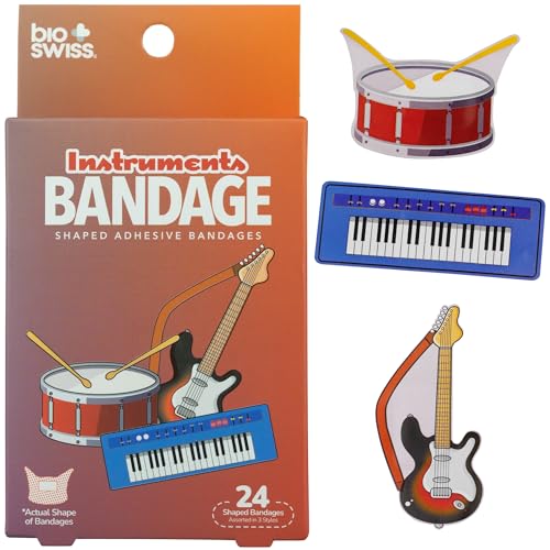 BioSwiss Bandages, Musical Instruments Shaped Self Adhesive Bandage Set, Latex Free, Sterile Wound Care, 24 Count - color: Musical Instruments, size: 24-Count Box