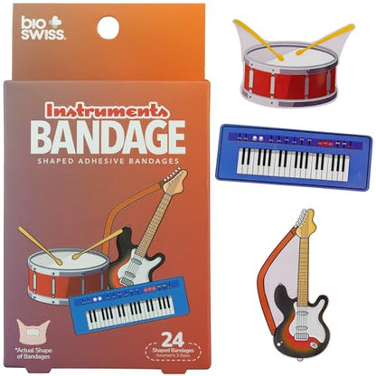 BioSwiss Bandages, Musical Instruments Shaped Self Adhesive Bandage Set, Latex Free, Sterile Wound Care, 24 Count - color: Musical Instruments, size: 24-Count Box