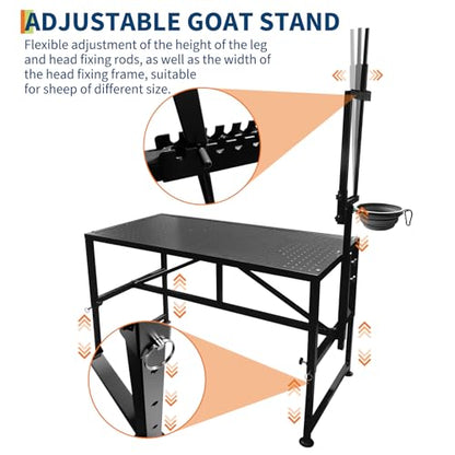 Goat Milking Stand, Adjustable Height Goat Stand with Feed Bin & Adjustable Headpiece, Heavy-Duty 600 Lbs Metal Livestock Shearing Stands for Sheep Goats Lambs Trimming Grooming