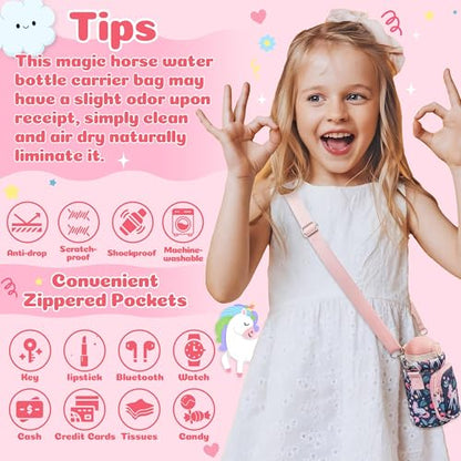 Water Bottle Carrier Bag with Strap for Kids - Water Bottle Bag Holder with Padded Strap Pocket 10/12/14/16/18Oz for Boys Girls School Walking Hiking Camping - style: Magic Horse