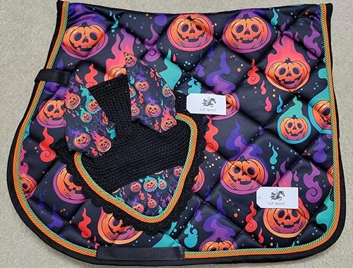 Halloween Theme Horse English All Purpose Saddle Pad with Matching Ear Bonnet Fly Veil Shows Tack