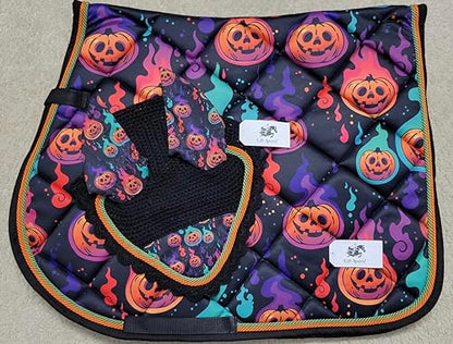 Halloween Theme Horse English All Purpose Saddle Pad with Matching Ear Bonnet Fly Veil Shows Tack