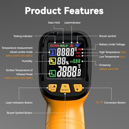 Infrared Thermometer Gun, -58°F to 1796°F, Dual-Mode 50:1 - color: Yellow/-58°F to 1796°F and -4°F to 932°F